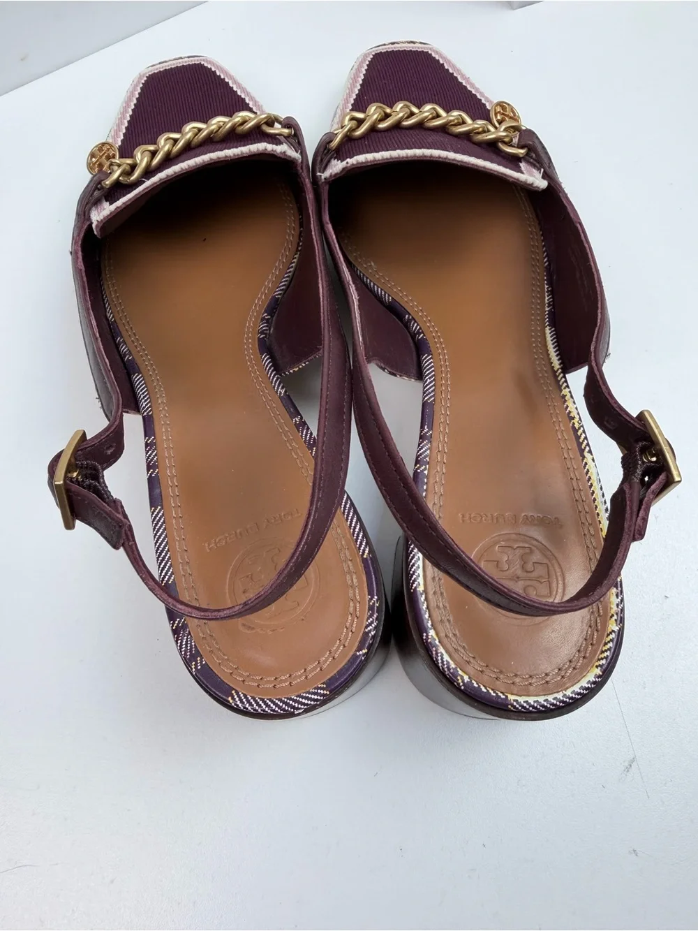 Tory Burch Mini Benton Charm Slingback Loafers Size 10.5 Plaid Burgundy